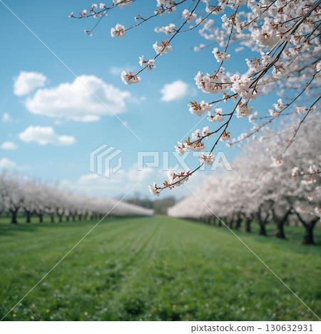 Spring meadow scenery with cherry blossoms in full bloom and blue skies Spring meadow scenery with cherry blossoms in full bloom and blue skies 130632931