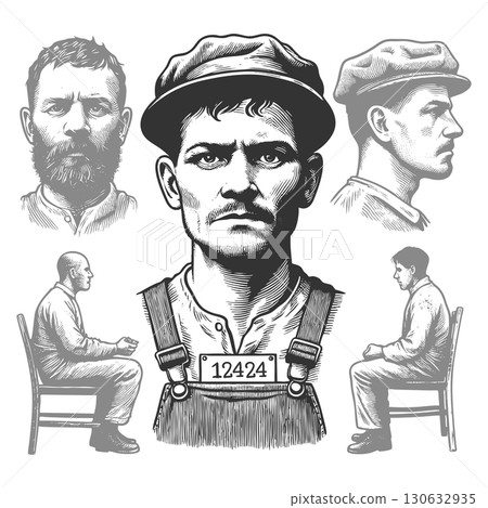 prisoner portraits in engraving style vector 130632935