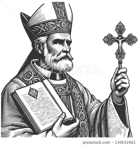 Bishop Holding Ornate Cross engraving vector 130632981
