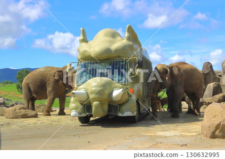 Asian Elephants and Safari Bus (African Safari) Asian Elephants and Safari Bus (African Safari) 130632995