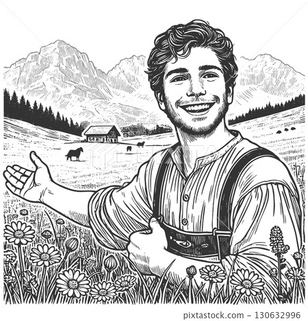 Happy farmer in mountain meadow engraving vector Happy farmer in mountain meadow engraving vector 130632996