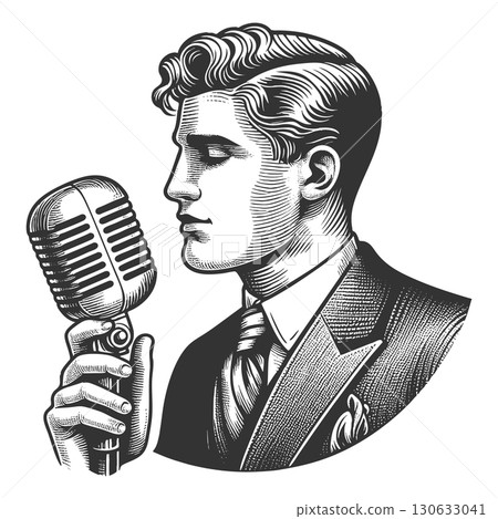 gentleman singer with microphone engraving vector 130633041