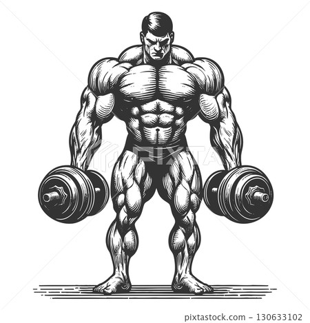 Muscular Bodybuilder Dumbbell engraving vector 130633102