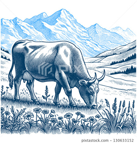 Cow Grazing in Alpine Meadow with Mountain Scenery 130633152