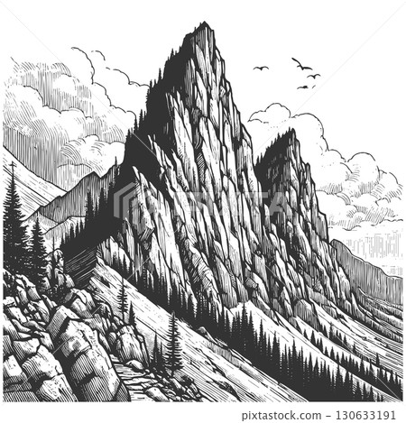 Rocky Mountain Landscape engraving vector 130633191