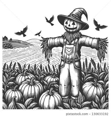 spooky scarecrow in pumpkin field engraving vector 130633192