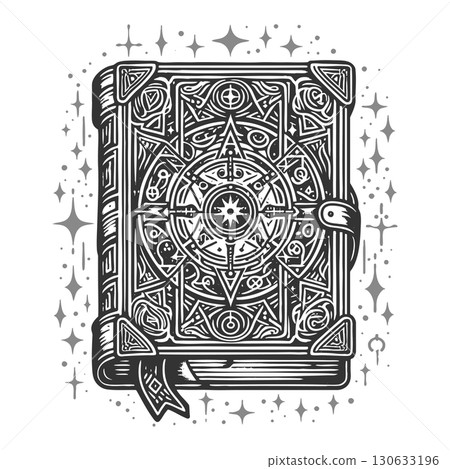 Mystical spellbook with symbols engraving raster Mystical spellbook with symbols engraving raster 130633196