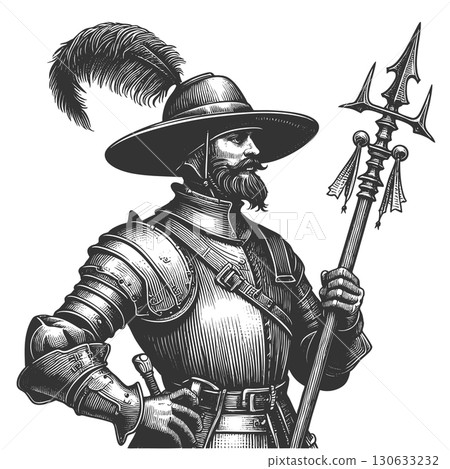 soldier in armor with halberd engraving raster 130633232