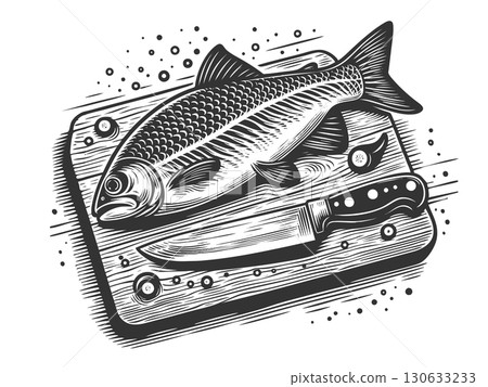 fish on cutting board with knife engraving raster 130633233