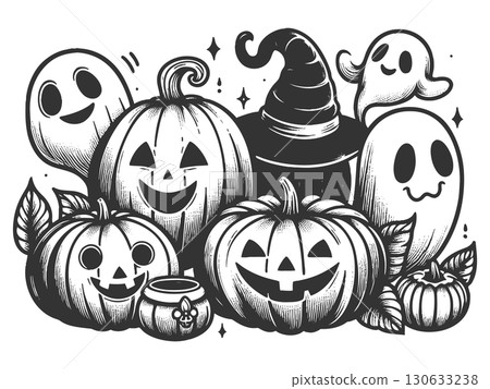 Cute Halloween Pumpkins and Friendly Ghosts raster Cute Halloween Pumpkins and Friendly Ghosts raster 130633238