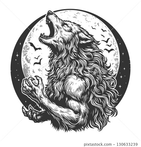 Werewolf Howling at Full Moon raster illustration 130633239