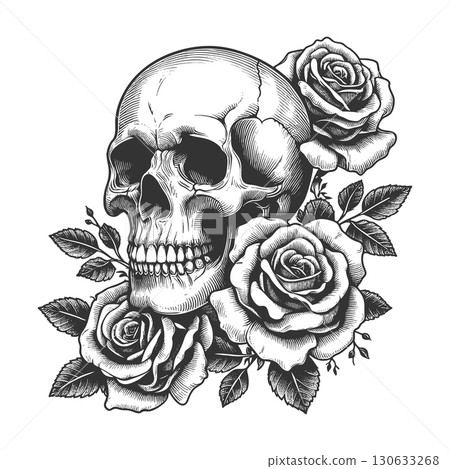 skull with roses engraving sketch vector skull with roses engraving sketch vector 130633268