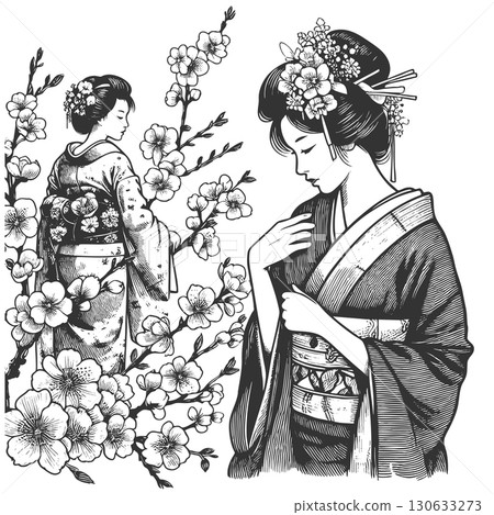 Geisha with Cherry Blossoms vector Geisha with Cherry Blossoms vector 130633273