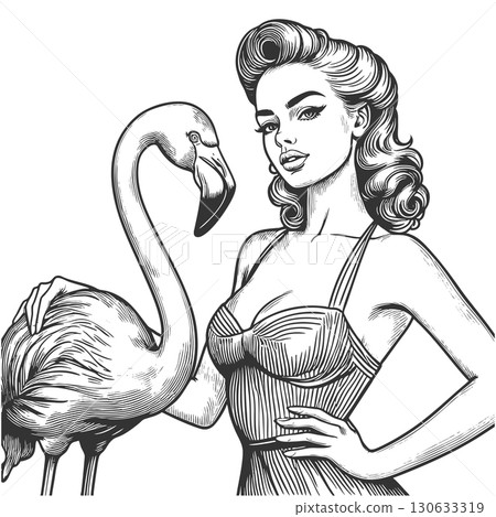 pin-up style woman posing with flamingo vector 130633319