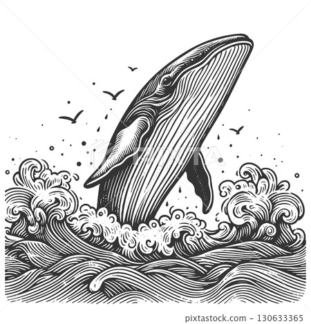 whale breaching illustration with ocean waves 130633365