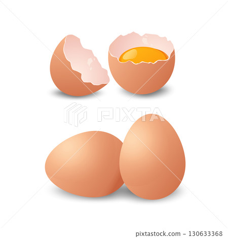 Realistic illustration of whole and cracked eggs with yolk, symbolizing freshness, nutrition Realistic illustration of whole and cracked eggs with yolk, symbolizing freshness, nutrition 130633368