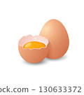 Illustration of a whole egg and a cracked egg showing the yolk inside, isolated on a white background. 130633372