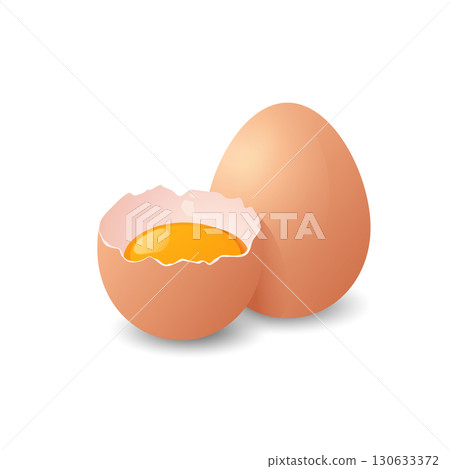Illustration of a whole egg and a cracked egg showing the yolk inside, isolated on a white background. 130633372