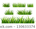 A set of realistic dry grass vector illustrations in different shapes and arrangements, suitable for natural landscapes, backgrounds, or decorative elements 130633374