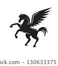Silhouette illustration of Pegasus, a majestic winged horse, standing proudly with raised leg and detailed wings 130633375