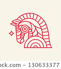 Minimalist red line art illustration of a stylized horse head with geometric patterns and abstract shapes 130633377