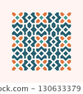 Colorful geometric block pattern with repeating diamond and cross shapes in teal, orange, and aqua 130633379