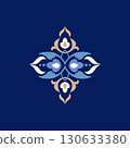 Elegant Turkish ornamental design with symmetrical floral and leaf patterns in blue, gold, and white on a dark navy background 130633380