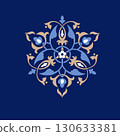 Elegant Turkish ornamental design with symmetrical floral and leaf patterns in blue, gold, and white on a dark navy background 130633381