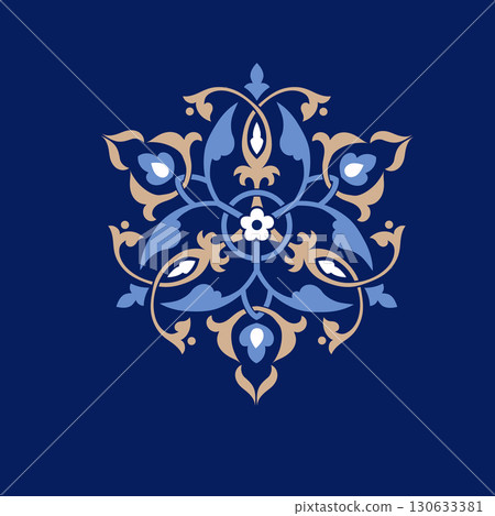 Elegant Turkish ornamental design with symmetrical floral and leaf patterns in blue, gold, and white on a dark navy background 130633381