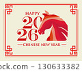 Chinese New Year 2026 greeting card design featuring a red stylized horse illustration 130633382