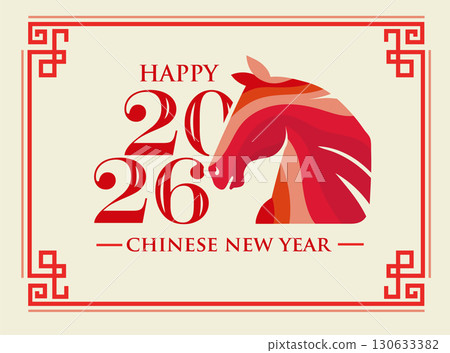 Chinese New Year 2026 greeting card design featuring a red stylized horse illustration 130633382