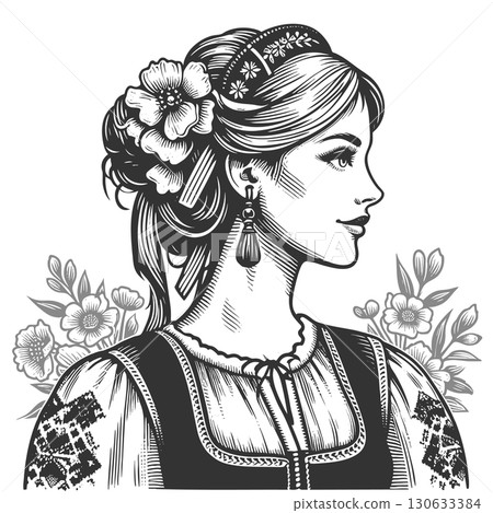 Traditional Ukrainian Woman with Floral Headdress 130633384