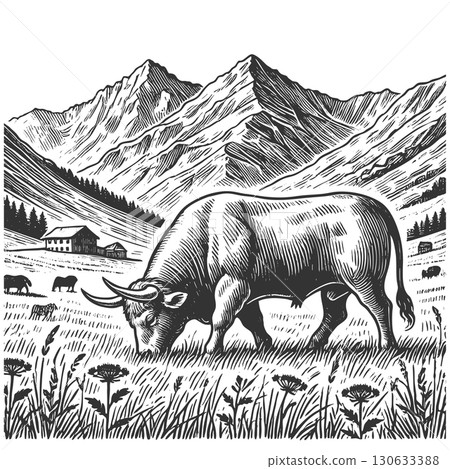 Grazing Bull Mountain Landscape engraving vector 130633388