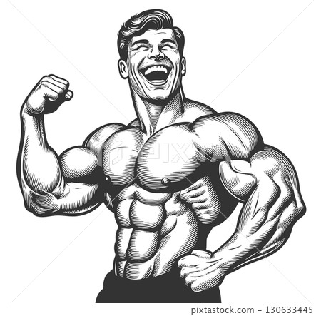Laughing Muscular Man engraving vector 130633445