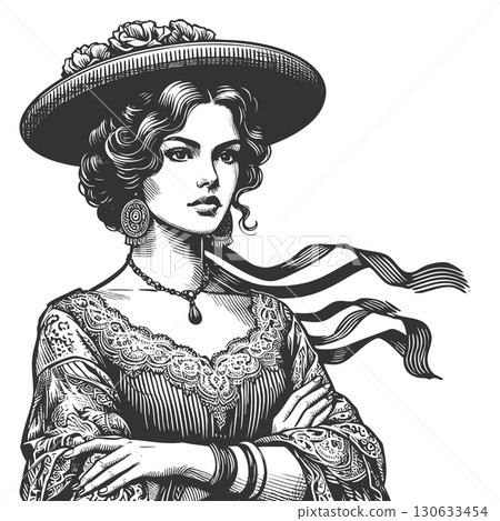 Elegant Spanish Woman in Traditional Hat and Dress 130633454