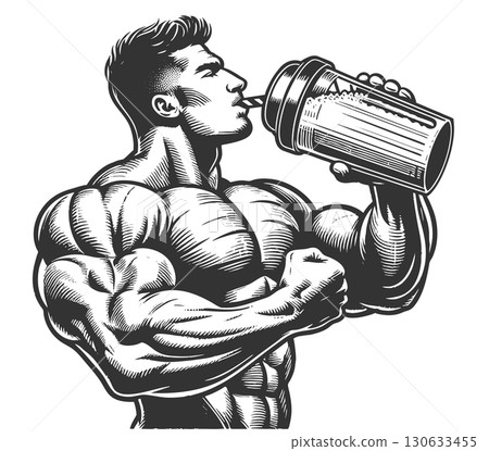 Muscular man drinking protein shake engraving 130633455