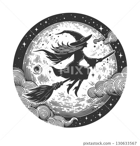 witch flying on broom across moon vector 130633567