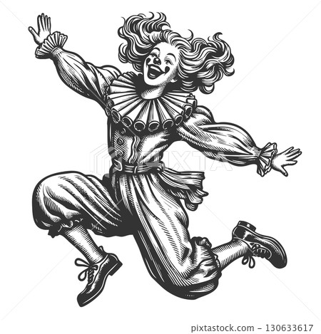 Energetic Jumping Clown in Vintage Costume vector 130633617