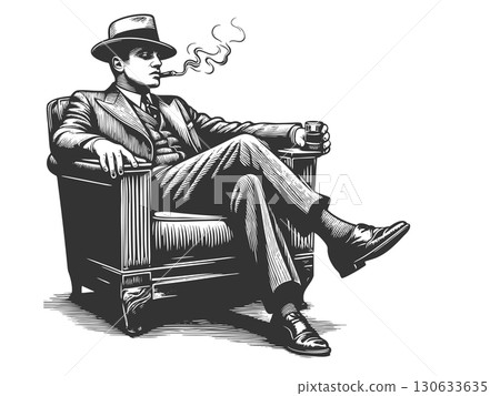 Mafioso Man in Suit in Armchair engraving vector 130633635