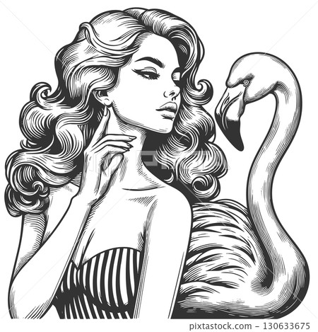 pin-up style woman posing with flamingo vector 130633675