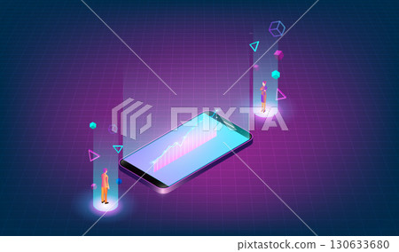 Smartphone with Data Visualization and Holographic Figures in Cyberpunk Setting Smartphone with Data Visualization and Holographic Figures in Cyberpunk Setting 130633680