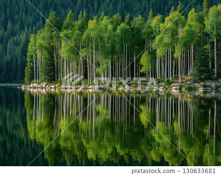 Tall pine trees reflect in a calm lake. Mountains rise under a clear blue sky. 130633681