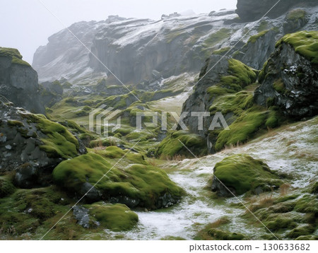 Mossy rocks lie in a snowy field. Sunlight casts soft shadows on the ground. 130633682