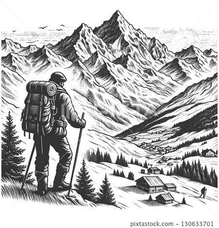 Hiker Overlooking Mountain Valley engraving vector 130633701