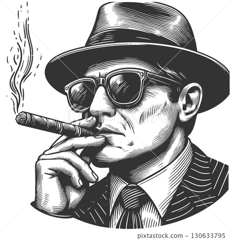 Gangster Smoking Cigar in Vintage Engraving Style Gangster Smoking Cigar in Vintage Engraving Style 130633795