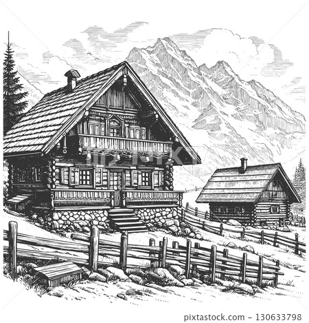 Alpine Village with Mountains and Lake vector 130633798