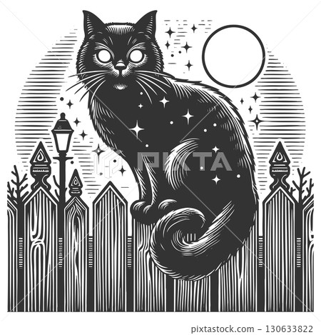 black cat on fence at night vector illustration 130633822
