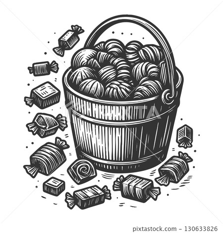 bucket filled with candies engraving sketch raster 130633826