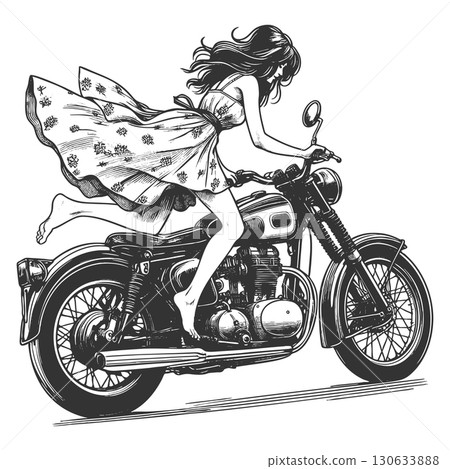 Woman Riding Motorcycle Barefoot engraving vector Woman Riding Motorcycle Barefoot engraving vector 130633888