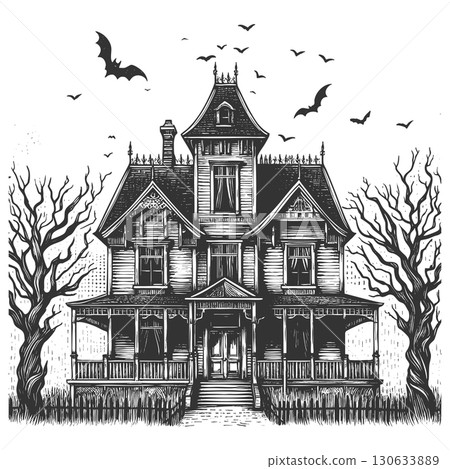 spooky haunted house with bats sketch vector spooky haunted house with bats sketch vector 130633889